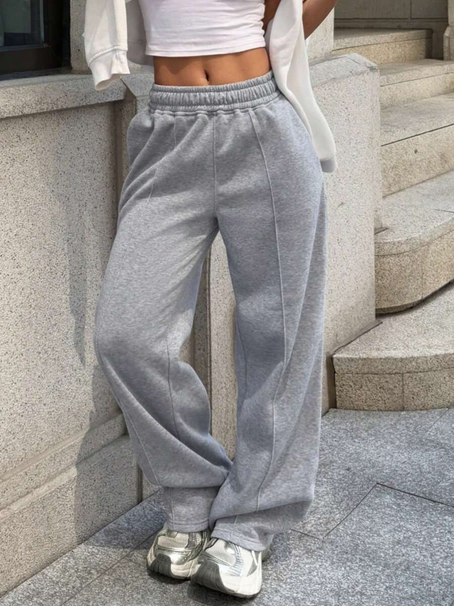 Sulojter Casual Loose Solid Color Elastic Waist Sweatpants - Grey - View 1