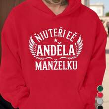 Letter  Graphic Men's Heavyweight 250-Gram Czech Angel Wife Print Hoodie - Black And White Pattern, Loose Casual Pullover Style, Front Pocket Design, Machine Washable Winter Warm Daily And Special Occasions, Czech Style Inspiration - Black - View 3