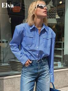 Women's ELVA Casual Striped Print Button-Up Shirt, Loose Fit