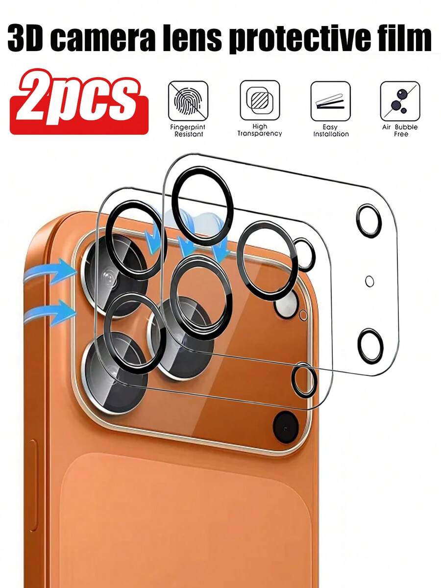 2PCS Camera Lens Protector Compatible With Iphone 17 17Pro 17Pro Max 16 15 14 13 12 11 16Pro Promax 3D Rear Lens Tempered Glass Film Compatible With Iphone 17 Air 17 Lens Cover Anti-Scratch, Tempered Glass, Easy To Install.