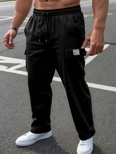 男士抽绳腰字母细节休闲裤，直筒裤，户外长裤，可机洗舒适面料，款式时尚，适合户外活动，返校必备