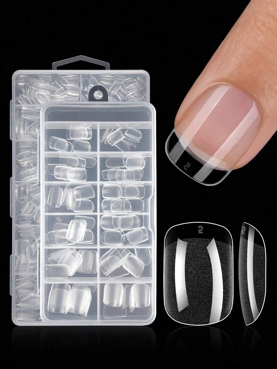 120/600片装 短方形软胶透明甲片 半哑光全覆盖甲片 亚克力预压假指甲片 指甲延长器 家用DIY美甲压片 美甲产品 美甲用品 - 無色 - 查看 1