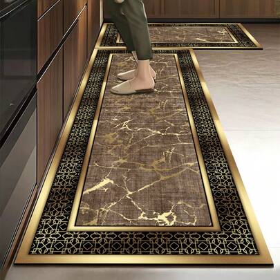 1 pieza Alfombra de gel de sílice para piso de cocina, textura de mármol falso con vetas doradas, apariencia lujosa y elegante