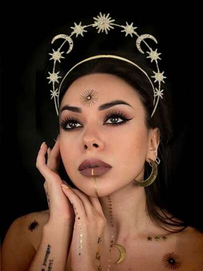تاج إلهة الشمس ذو الطبقتين بتصميم النجوم، إكسسوار شعر للكريسماس وعيد الهالوين بطراز بوهيمي