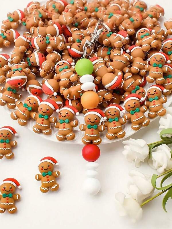 5pcs Christmas 3D Gingerbread Man Silicone Beads, Festive Christmas Decoration Beads With Santa Hat, Candy Cane And Holly, Durable DIY Jewelry Making Supplies, Suitable For Bracelets, Keychains, Pen Decorations, Gingerbread Christmas Decorations, Keychain Accessories, Holiday Theme Beads, Best For Christmas