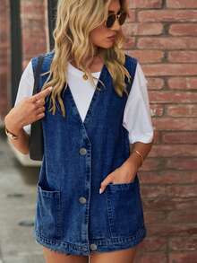 Plus Size Women's Casual Vintage Denim Vest, Versatile Style, Suitable For All Seasons