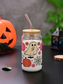 1pc Halloween Soda Cup High Borosilicate Glass Straw Cup Bamboo Lid Water Cup Heat Resistant Ins Style Glass Cup