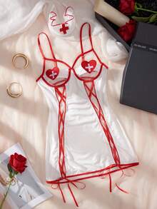 2 Pieces Women's Nurse Cosplay,Nurse Headwear,Sheer&Backless,Lace Up,Side Slit,Babydolls,Sexy Nightgown,Sexy Lingerie Set