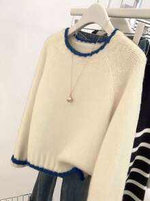 Fashionable Elegant Contrast Color Pullover Sweater, Suitable For Daily Wear, Outdoor Leisure And Travel In Autumn/Winter Season (Excluding Accessories, Top Only) - Red Apricot Color - View 5