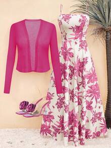 女式无袖印花腰喇叭裙搭配针织开衫，浪漫波西米亚花卉印花度假装套装 - 玫紅色 - 查看 7