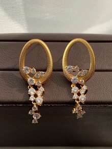 2 件椭圆形耳环，配锆石流苏，轻盈奢华铜金色耳环，适合女士，适合派对、宴会、聚会、约会、日常服装配饰、节日珠宝礼物 - 金色 - 查看 5