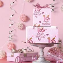 16th Wrapping Paper Birthday Girl, Sweet Hearts And Pink Number 16 Balloons Happy Birthday Design, 16 Years Old, Mini Roll, 17 Inches X 16.4 Feet, Perfect For Girls' Party Gifts - Tuổi 16 - Xem 5