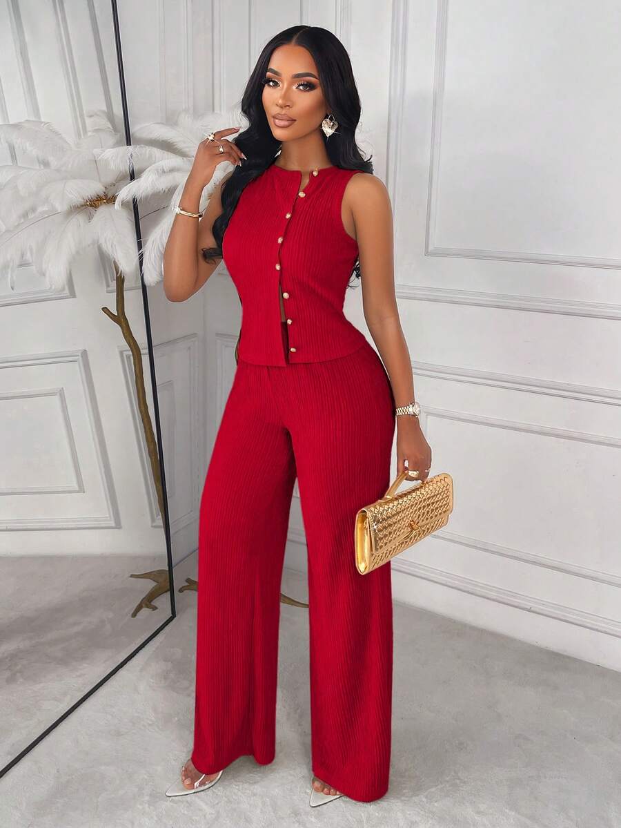 AIJ Amarilo Women 2-Piece Set: Sleeveless Top And Straight Leg Pants, Elegant Business Style, Latest Spring/Summer Women's Chic Outfit, Suitable For Valentine's Day, Parties - Red - View 1
