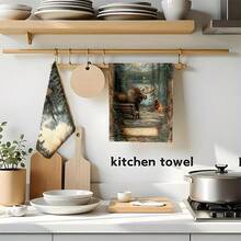1 set/2 piezas/100 piezas Cabaña en el bosque con banco y patrón de alce Toallas de cocina y paños de cocina, adecuados para decoración de interiores en restaurantes, cocinas y baños, decoración de fiestas, regalos de festivales, como regalo - Multicolor - Ver 7