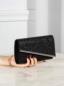 REMANLAND Shiny Evening Clutch, Elegant Fashion Envelope Bag, Ladies Wedding Party Handbag - Black - View 3