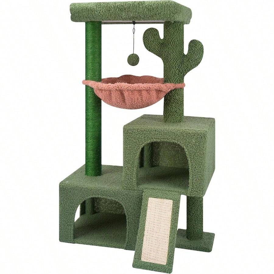 37.4 Cactus Cat Tree Tower With Twin Cat Condos For Indoor Cats AllinOne Activity Center With Cat Scratching Post Cozy Sleeping Perch Hammock And Toy Balls Green - 374Green - 查看 1