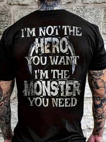 Camiseta Gráfica de Inspiración Vintage para Hombre - "No soy el héroe que quieres, soy el monstruo que necesitas" con diseño de calavera y garras, manga corta casual, cuello redondo, talla grande, perfecta para atuendos casuales y al aire libre| Camisa de Declaración Audaz| Tela Duradera, Camiseta - negro - Ver 2