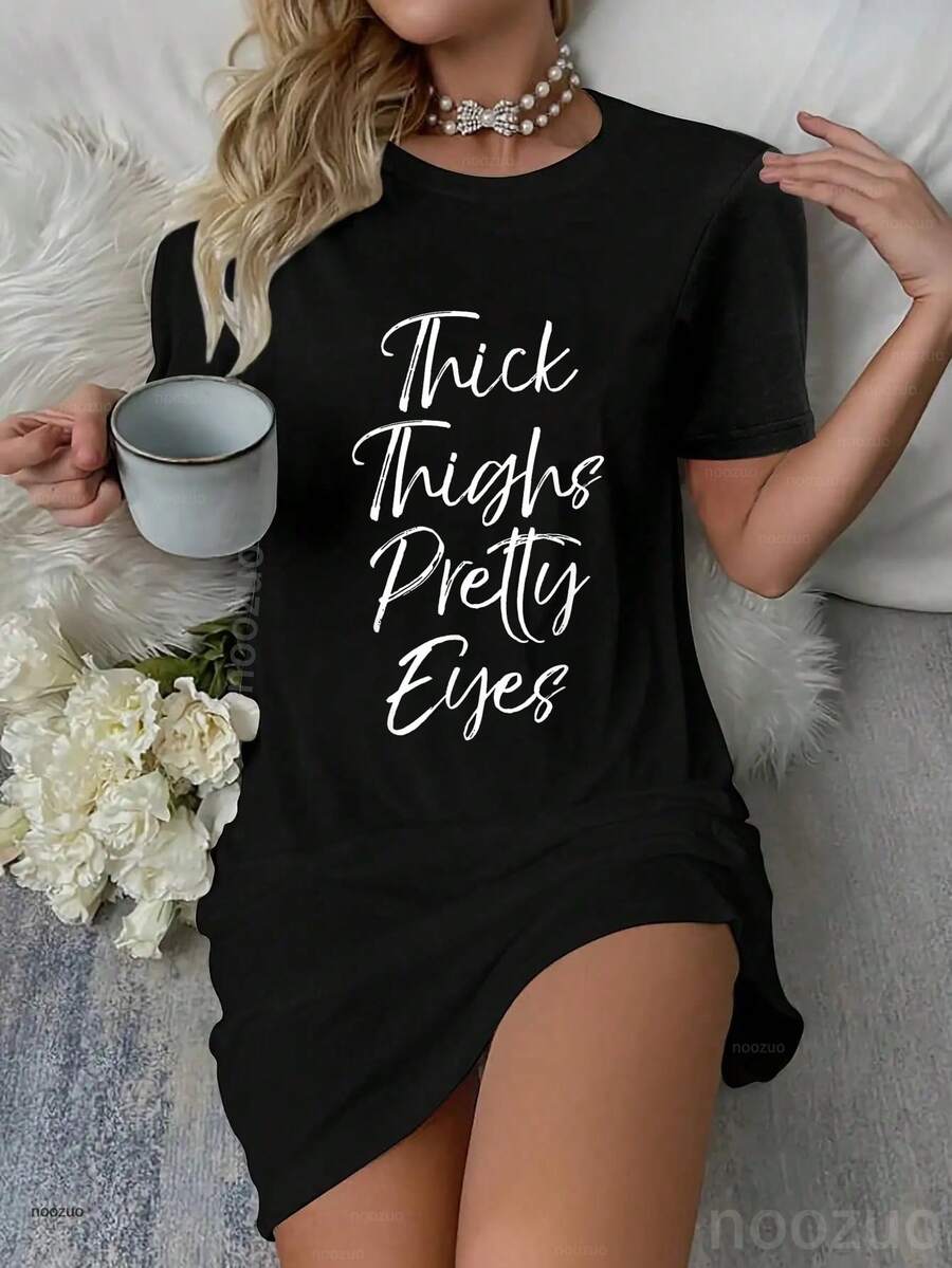 Thick Thighs Pretty Eyes Dress Pajamas Sleepdress Nightshirt Fun Cute Sexy Workout Dress Pajamas Sleepdress Nightshirt Dress Pajamas Sleepdress Nightshirt - 黑色 - 查看 1