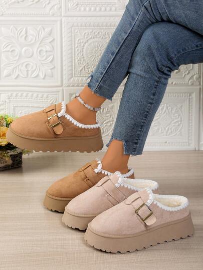 Damen Mode bequeme geschlossene Zeh/Schnallen/Schnürung/warm dicksohlige Schneestiefel, thermisch gefütterte Slip-On Loafer für Innen- und Außenbereich im Winter