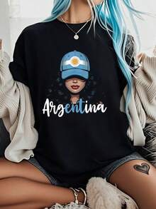 Argentinian Girl Argentina Proud Argentina Women-Shirt% Cotton Black Art Crew Neck Unisex-Shirt Women And Men - 黑色 - 查看 1