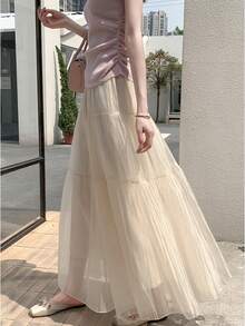 LuminousWealth 女士优雅纯色飘逸百褶A字裙，适合休闲或办公穿着，简约优雅 | 适合所有季节 春季 - 杏色 - 查看 5