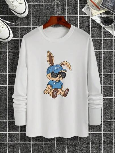 Plus Size Men's Casual Long Sleeve T-Shirt With Cute 3D Rabbit Print - Soft Polyester, Round Neck - Fashionable & Comfortable, Ideal Gift For Him