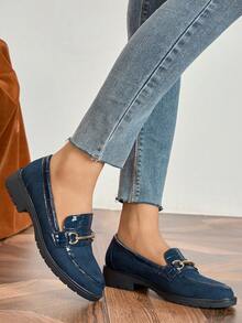 女士绒面革乐福鞋，套脚款式，厚底设计，适合秋季穿着，学院风（藏蓝色），平底鞋 - 藏蓝色 - 查看 4