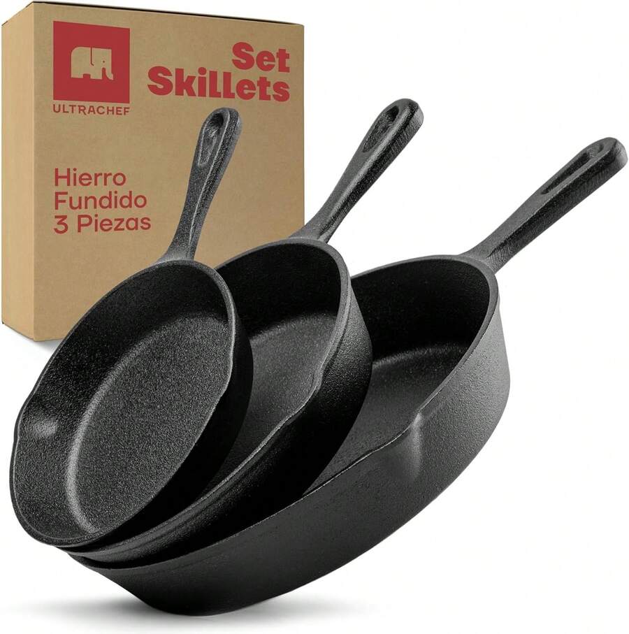 Juego de 3 Piezas de Sartén de Hierro Fundido de Mango Largo, Pre-Marinado, Sartén de Hierro Fundido, Juego de 3 Piezas (6 Pulgadas, 8 Pulgadas y 10 Pulgadas), Negro - Sartén Grill 10" (25 cm) - Ver 1