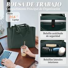 Bolsas para Laptop de Mujer 15.6 Pulgadas Maletin Portafolios de Piel Bolso Tote Grande Para Trabajo Universidad - verde - Ver 2