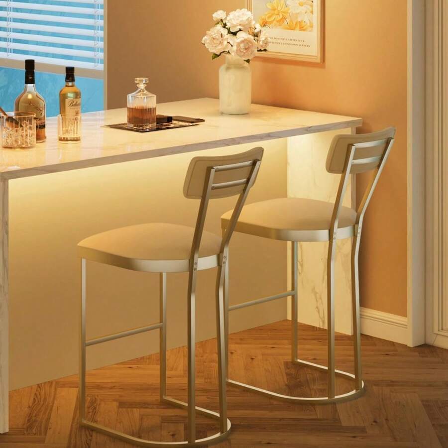 mteryoing Counter Height Bar Stools Set Of 2/4 - Modern Kitchen Breakfast & Pub Chairs With Upholstered Seats, Metal Legs And Armless Design For Home Bar, Dining Room - Gold-2 PCS - 查看 1