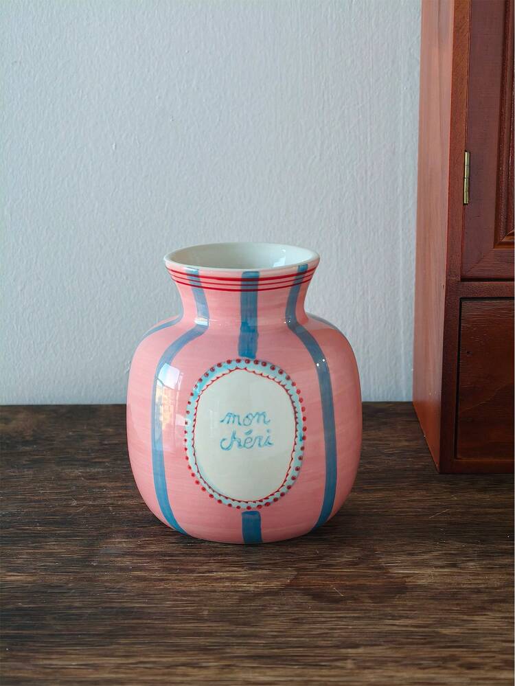 1pc Handpainted Asymmetrical Ceramic Flower Vase, Pink & Green Heart Pattern Vase, Home Decor Accessory Room Decor Glass Vase - Multicolor - View 14