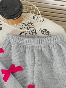 2件組少女純色極簡風可愛蝴蝶結裝飾白色長袖衛衣與寬鬆休閒長褲套裝，秋季 - 灰色 - 查看 6