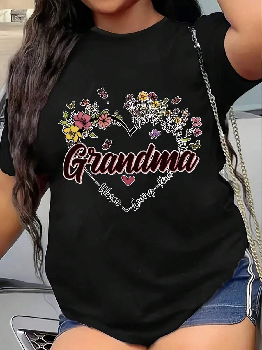 Women's Casual Round Neck T-Shirt - Grandma I'm Loving You More Floral Letter Print, All-Season Machine Washable Top For Mother's Day, Valentine's & Family Gifts, Grandmother T-Shirts, Holiday Apparel, Vibrant Design, Durable Stitching, Printed Tee, Sentimental Buyers - 黑色 - 查看 1