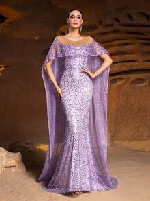 Luxury Lavender Sequined & Crystal Embellished Mermaid Gown - Sheer Cape Sleeves With Deep V Neck For Red Carpet Events, Opera Galas And Charity Balls
