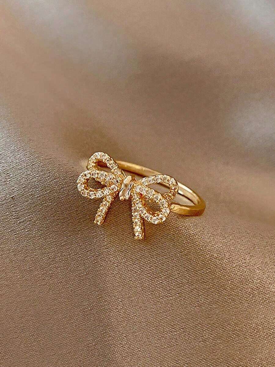 1pc Fashionable Personalized Sweet Creative Design Micro-Inlaid Cubic Zirconia Bowknot Open Ring Valentines, Mom, Mother, Mother's Day, Gift - Gold - View 1