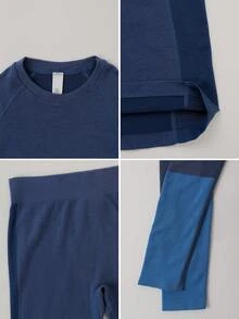 Leorrey 1 Set Women Seamless Comfortable Casual Round Neck Lifting Shaping Fitness Workout Running Outdoor Long Sleeve Top And Pants Sports Suit Ski Outfits Winter - Blue - View 4