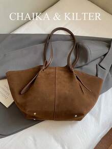 2 piezas Bolso de hombro de tela de ante de unicolor CHAIKA y KILTER, bolso de gran capacidad casual retro para mujeres, diseño de doble asa y cierre a presión, adecuado para viajes, compras, citas, regalo para mujeres, adecuado para adolescentes, estudiantes universitarios, principiantes y oficinistas, muy adecuado para oficina, academia, trabajo, negocios, viajes, salidas - Café - Ver 8