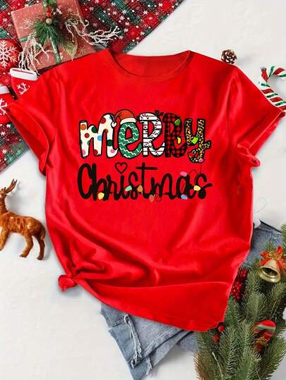 Camiseta feminina estampada com estampa de Feliz Natal, roupas festivas de inverno para mulheres, camiseta casual de gola redonda e manga curta