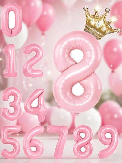 0-9 数字气球配金色皇冠，淡粉色马卡龙粉色蓝色粉色铝箔 32 英寸，适用于生日装饰、生日、婚礼、派对装饰