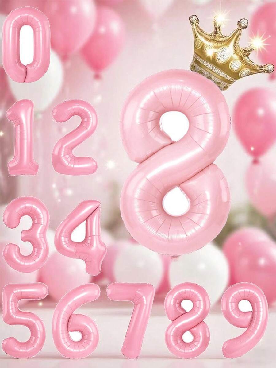 0-9 数字气球配金色皇冠,淡粉色马卡龙粉色蓝色粉色铝箔 32 英寸,适用于生日装饰、生日、婚礼、派对装饰 - 粉色 - 查看 1