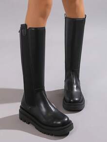 欧美风女式圆头小腿长靴过膝马靴厚底舒适时尚大码弹力靴 - 黑色 - 查看 6