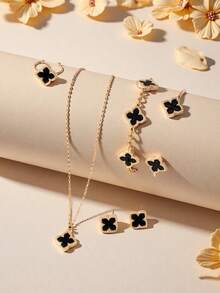 1 Set Elegant Four-Leaf Clover Jewelry Set, Luxurious Lucky Clover Necklace & Bracelet Accessories
