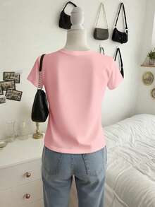 Top à motif Tour Eiffel JOYY, Top imprimé à manches courtes et col rond pour femmes, Design romantique de ballon de Paris, Tenue décontractée, Top minimaliste pour le plein air au printemps/été - Rose bonbon - Voir 2