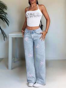 少女口袋直筒宽松休闲刺绣百搭牛仔裤 - 淺色水洗藍 - 查看 2