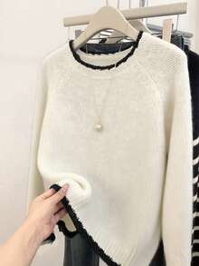 时尚优雅的撞色套头毛衣，适合秋冬季日常穿着、户外休闲和旅行。 - 米色 - 查看 4