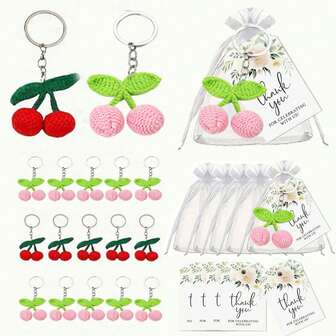18/3件套樱桃钥匙扣和感谢卡派对礼品套装，包含手工樱桃钥匙扣、感谢卡和白色束口袋，适合生日、婚礼、新年、母亲节、洗礼和水果主题派对，可作为小型派对礼物。
