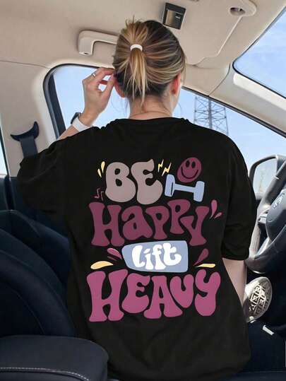 1 件女童运动励志字母印花短袖 T 恤，舒适柔软，夏季运动休闲日常穿着