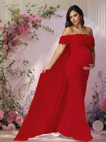JustVH Maternity Floral Open Shoulder Dress, Suitable For Baby Shower, Mesh Cape-Style Long Dress, Can Be Used As Photography Prop Spring Fall - Burgundy - View 4