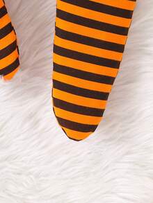 男童万圣节南瓜脸印花长袖连帽紧身衣 + 条纹连脚裤套装，春秋季