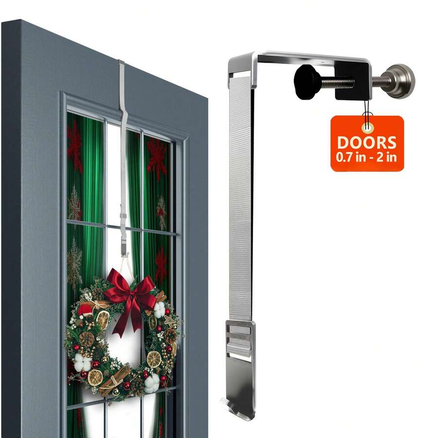 Supporto regolabile per ghirlanda da appendere alla porta d'ingresso - Decorazioni per Ognissanti, Ringraziamento e Natale, Gancio universale in metallo per diverse larghezze di porta, Argento brillante